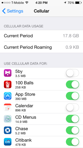 iOS lets users view cellular data usage under the Settings menu. 